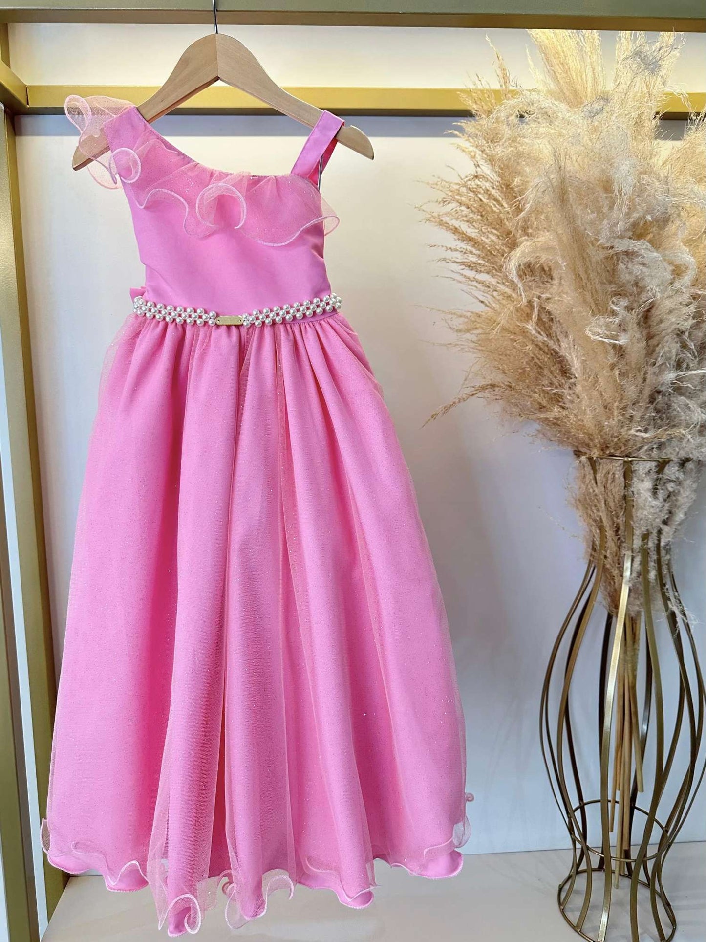 Vestido Infantil Longo Rosa Chiclete Luxo Formaturas Daminhas