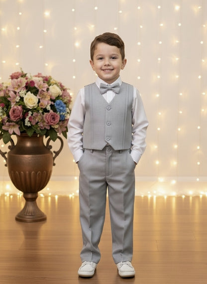 Conjunto Social Pajem Camisa Branca com Calça e Colete Cinza