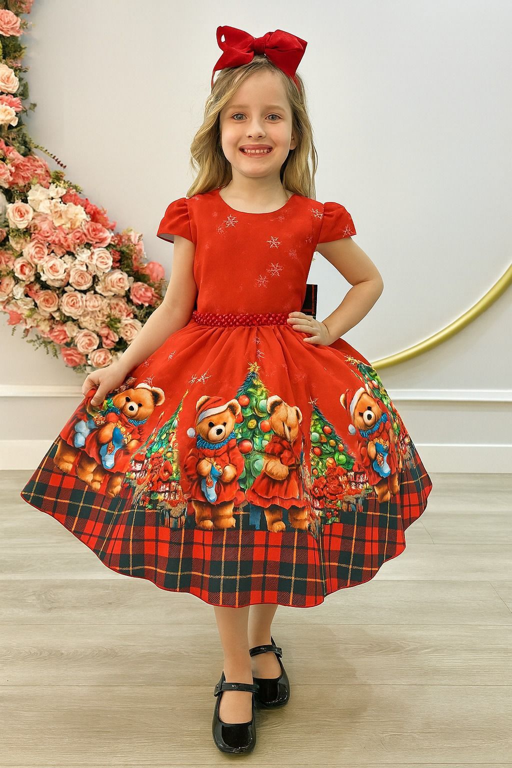 Vestido Infantil Vermelho Ursinhos Festas Natal