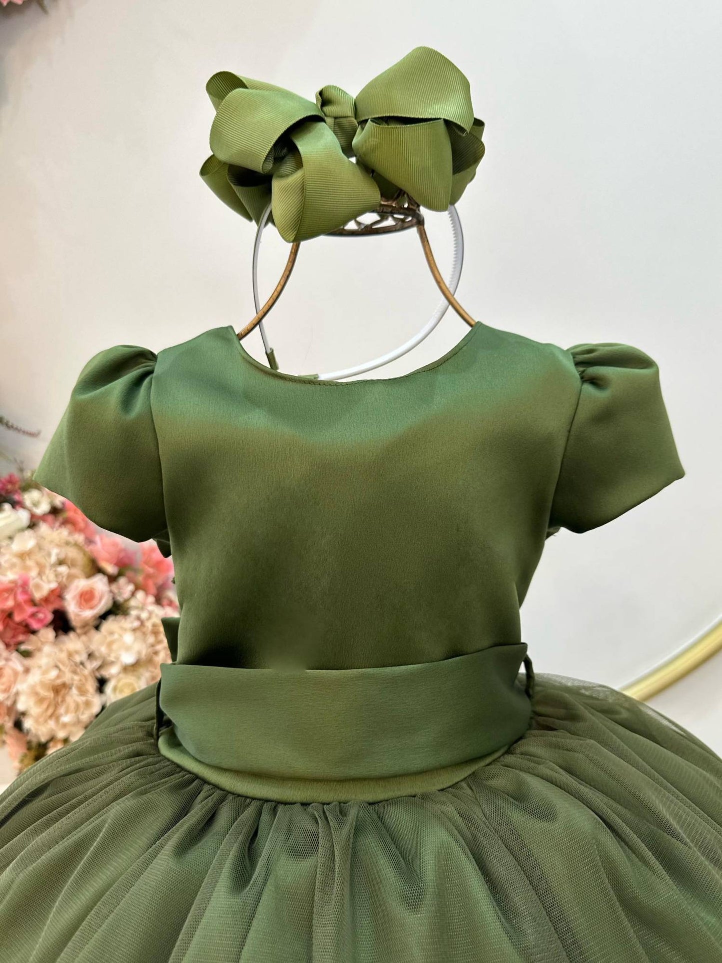 Vestido Infantil Verde Oliva Luxo Daminha Festas