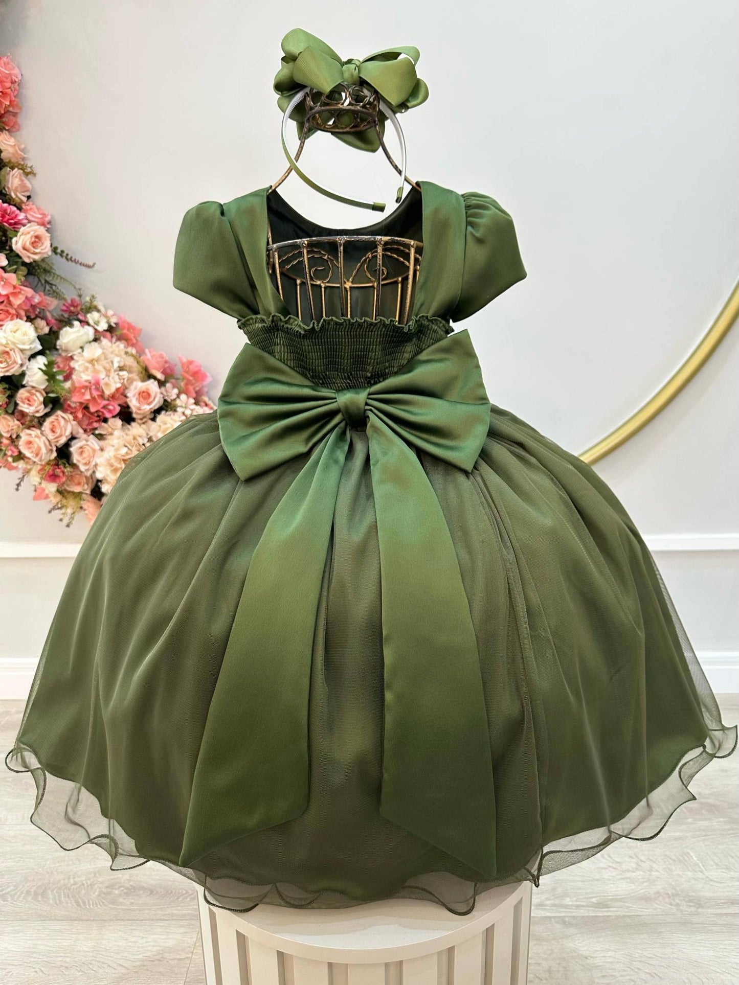 Vestido Infantil Verde Oliva Luxo Daminha Festas