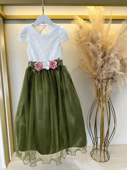 Vestido Infantil Off White Saia Verde Oliva Daminha Longo