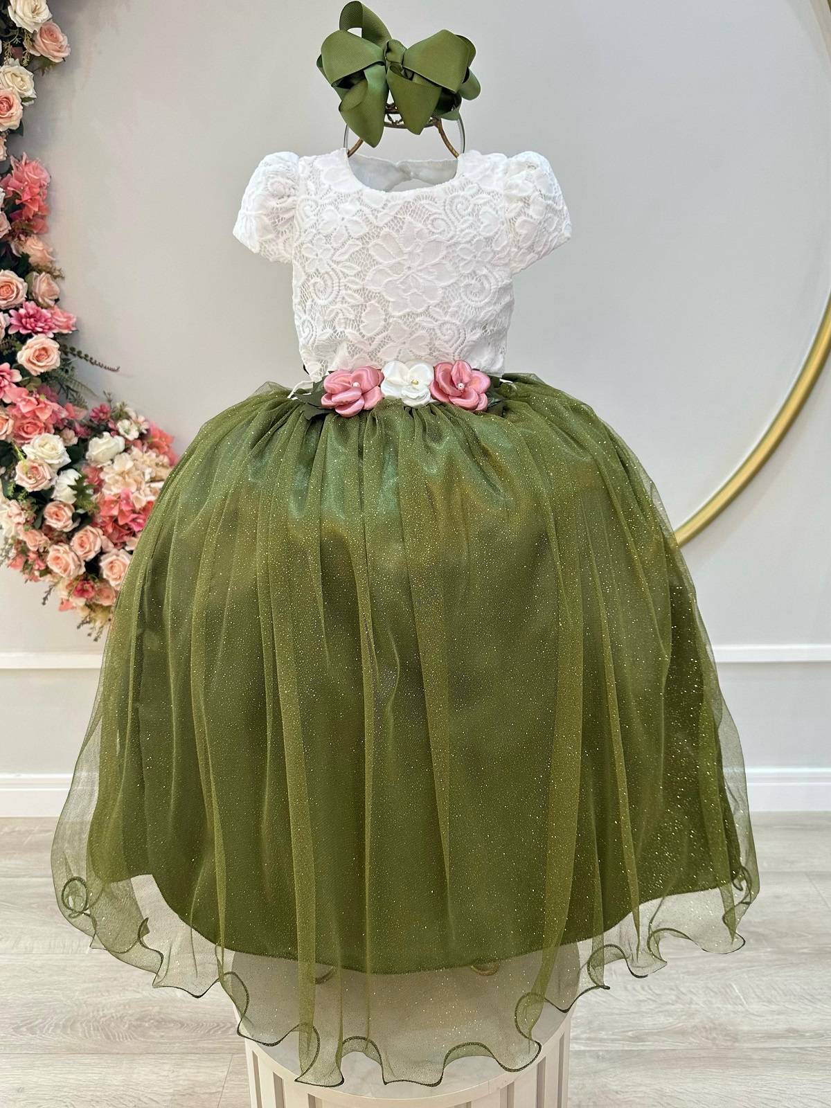 Vestido Infantil Off White Saia Verde Oliva Daminha Longo