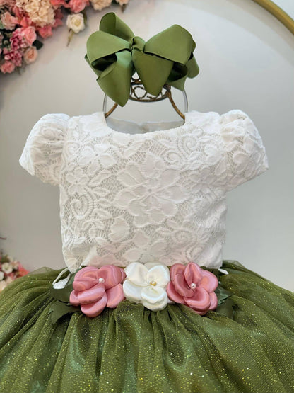 Vestido Infantil Off White Saia Verde Oliva Daminha Longo