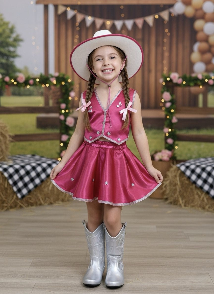 Conjunto Infantil Boiadeira Colete Saia Country Pink
