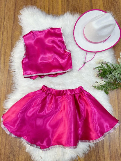 Conjunto Infantil Boiadeira Colete Saia Country Pink