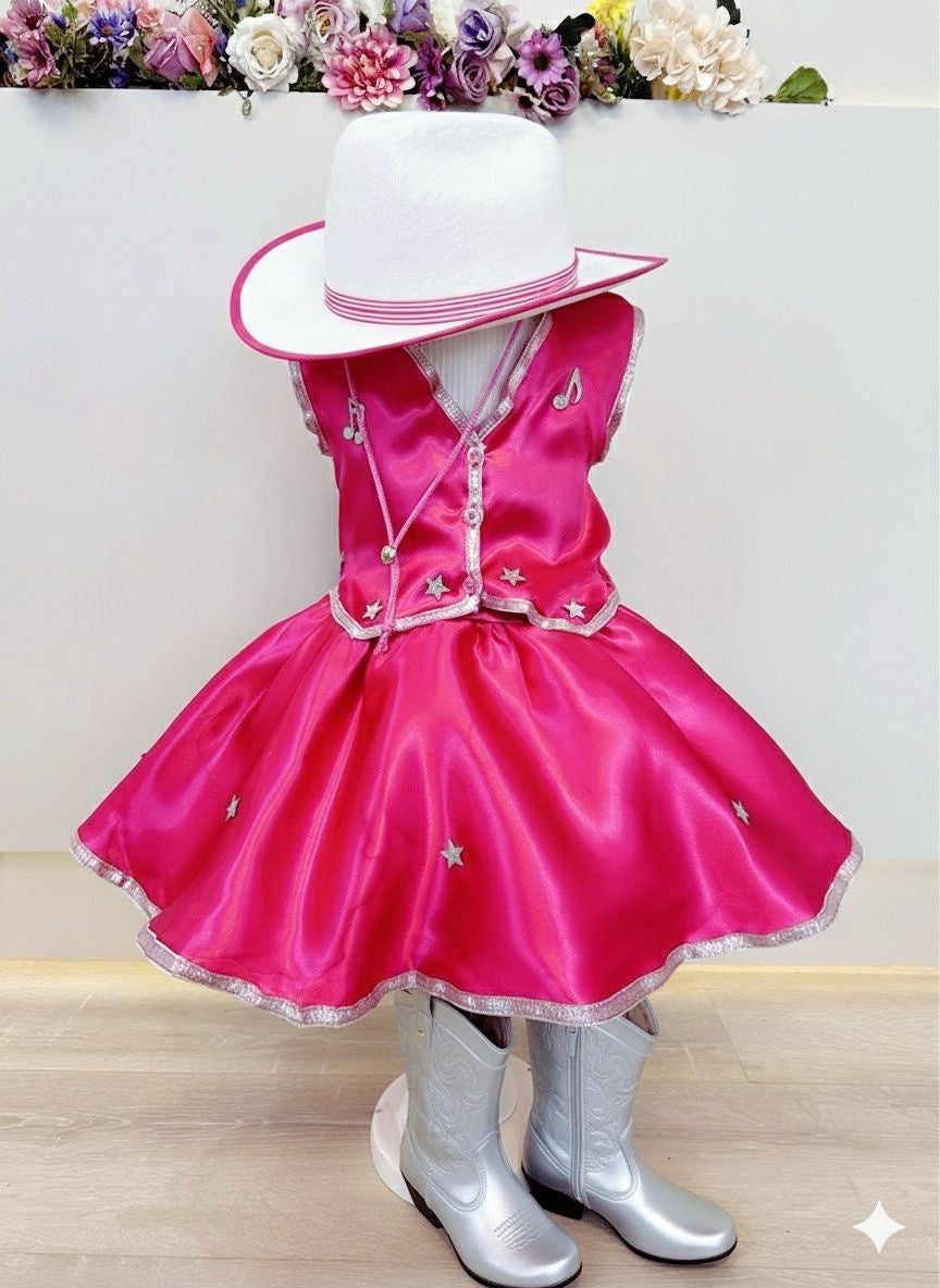 Conjunto Infantil Boiadeira Colete Saia Country Pink