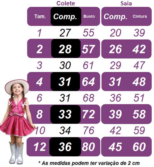 Conjunto Infantil Boiadeira Colete Saia Country Pink