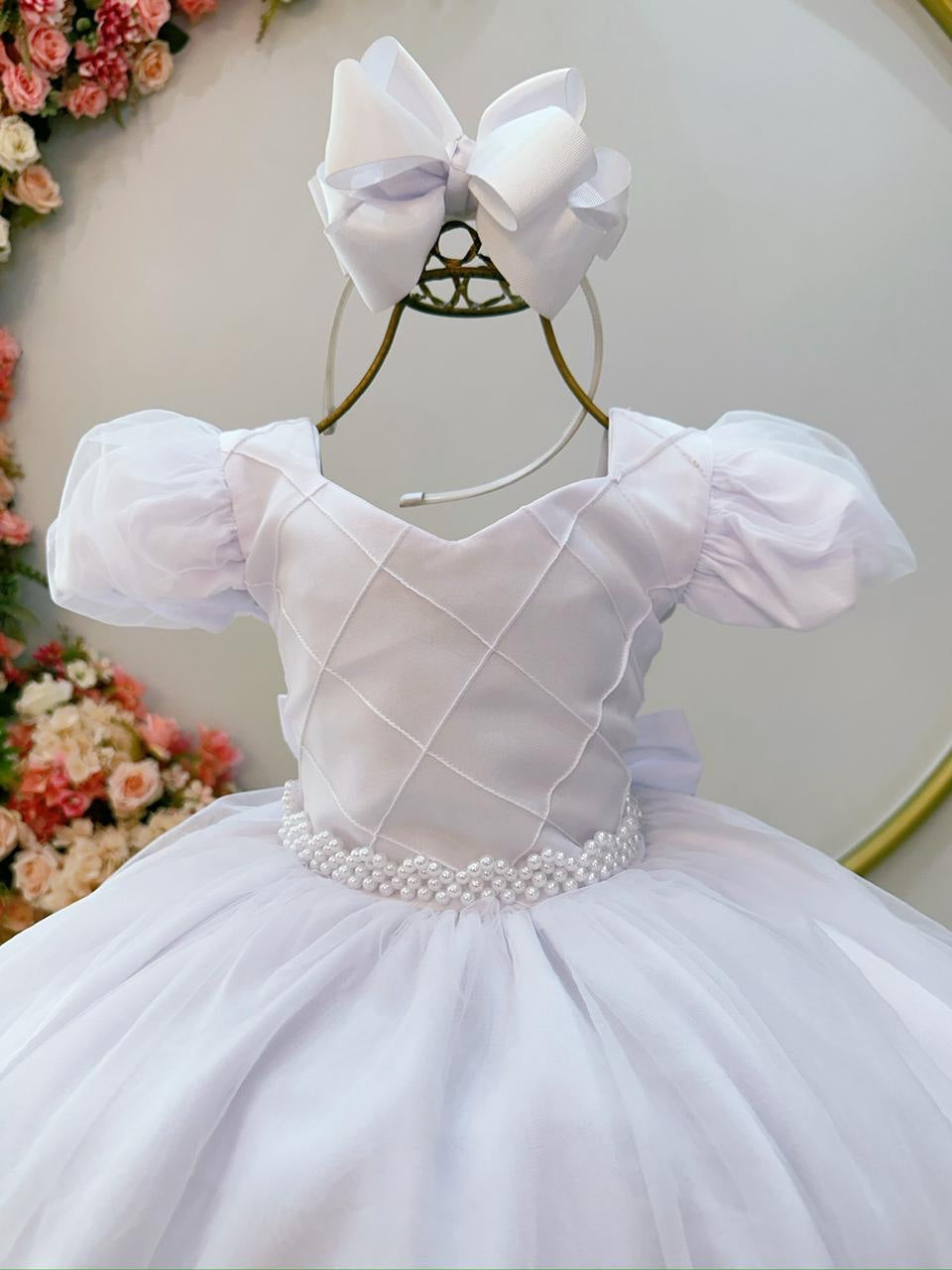 Vestido Infantil Branco Busto Nervura Daminhas Festas Luxo
