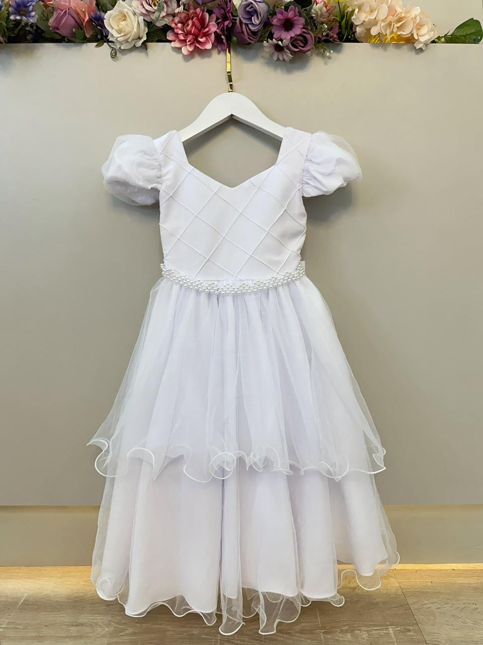 Vestido Infantil Branco Busto Nervura Daminhas Festas Luxo