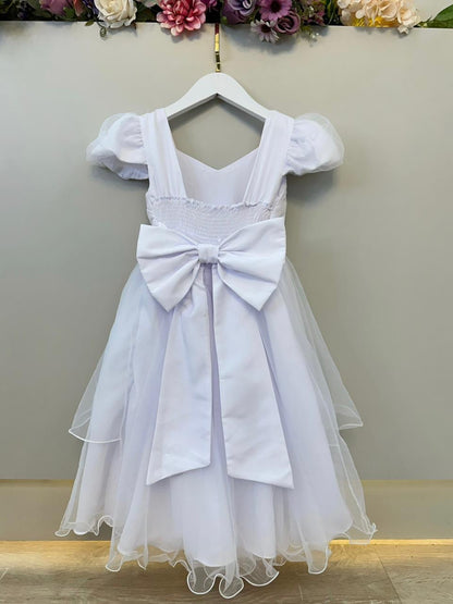 Vestido Infantil Branco Busto Nervura Daminhas Festas Luxo