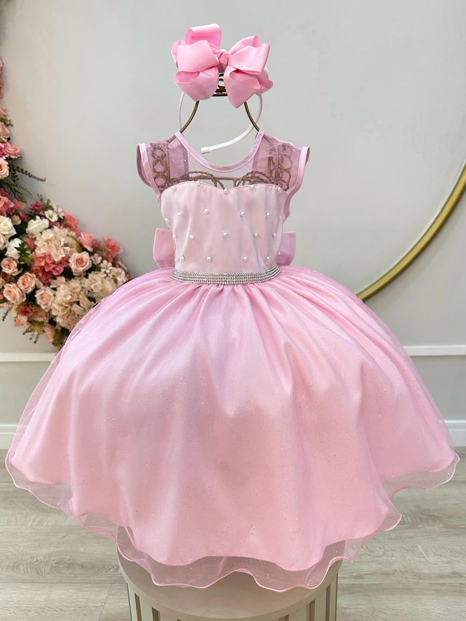 Vestido Infantil Rosa Claro Pérolas Saia C/ Glitter Daminhas
