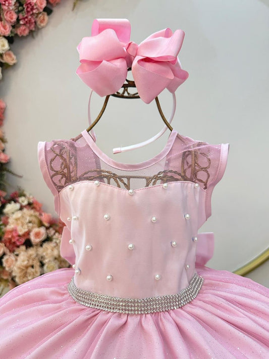 Vestido Infantil Rosa Claro Pérolas Saia C/ Glitter Daminhas