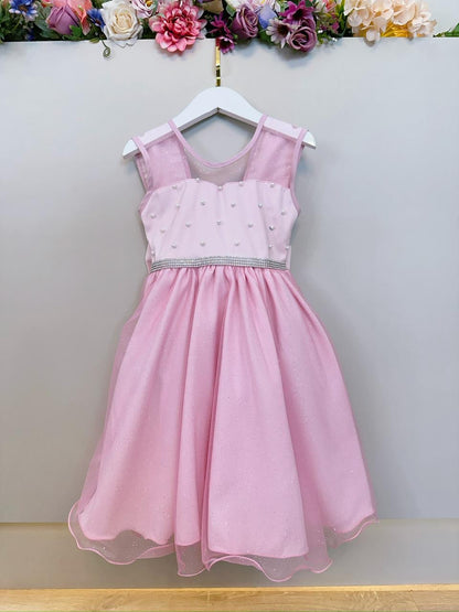Vestido Infantil Rosa Claro Pérolas Saia C/ Glitter Daminhas
