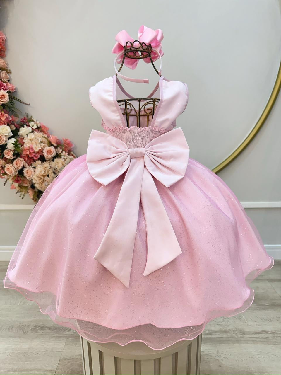 Vestido Infantil Rosa Claro Pérolas Saia C/ Glitter Daminhas