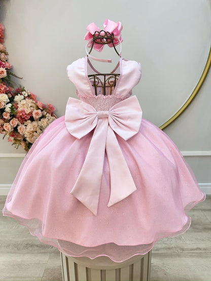 Vestido Infantil Rosa Claro Pérolas Saia C/ Glitter Daminhas