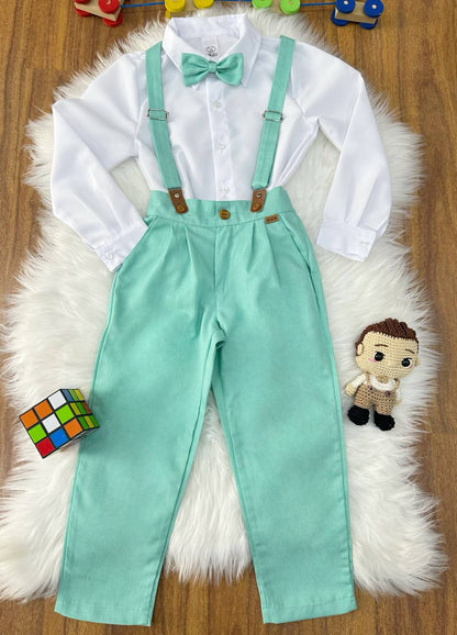Conjunto Social Pajem Camisa Branca com Calça e Susp. Verde