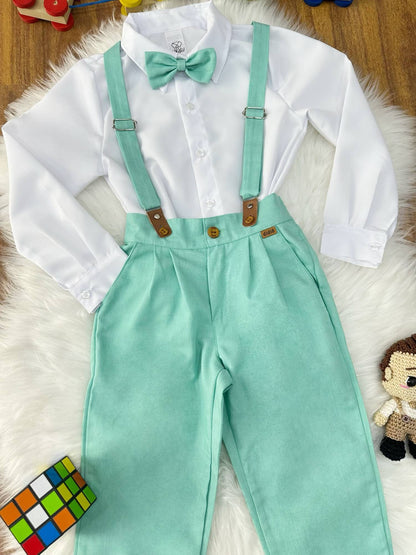 Conjunto Social Pajem Camisa Branca com Calça e Susp. Verde