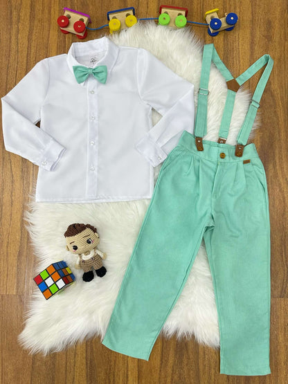 Conjunto Social Pajem Camisa Branca com Calça e Susp. Verde