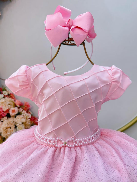 Vestido Infantil Rosa Claro C/ Busto Nervura Daminhas Festas