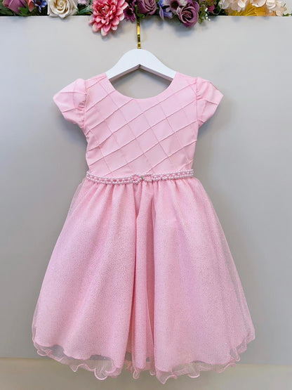 Vestido Infantil Rosa Claro C/ Busto Nervura Daminhas Festas