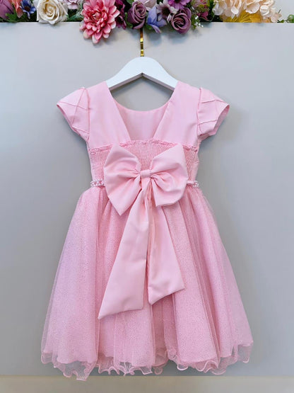 Vestido Infantil Rosa Claro C/ Busto Nervura Daminhas Festas