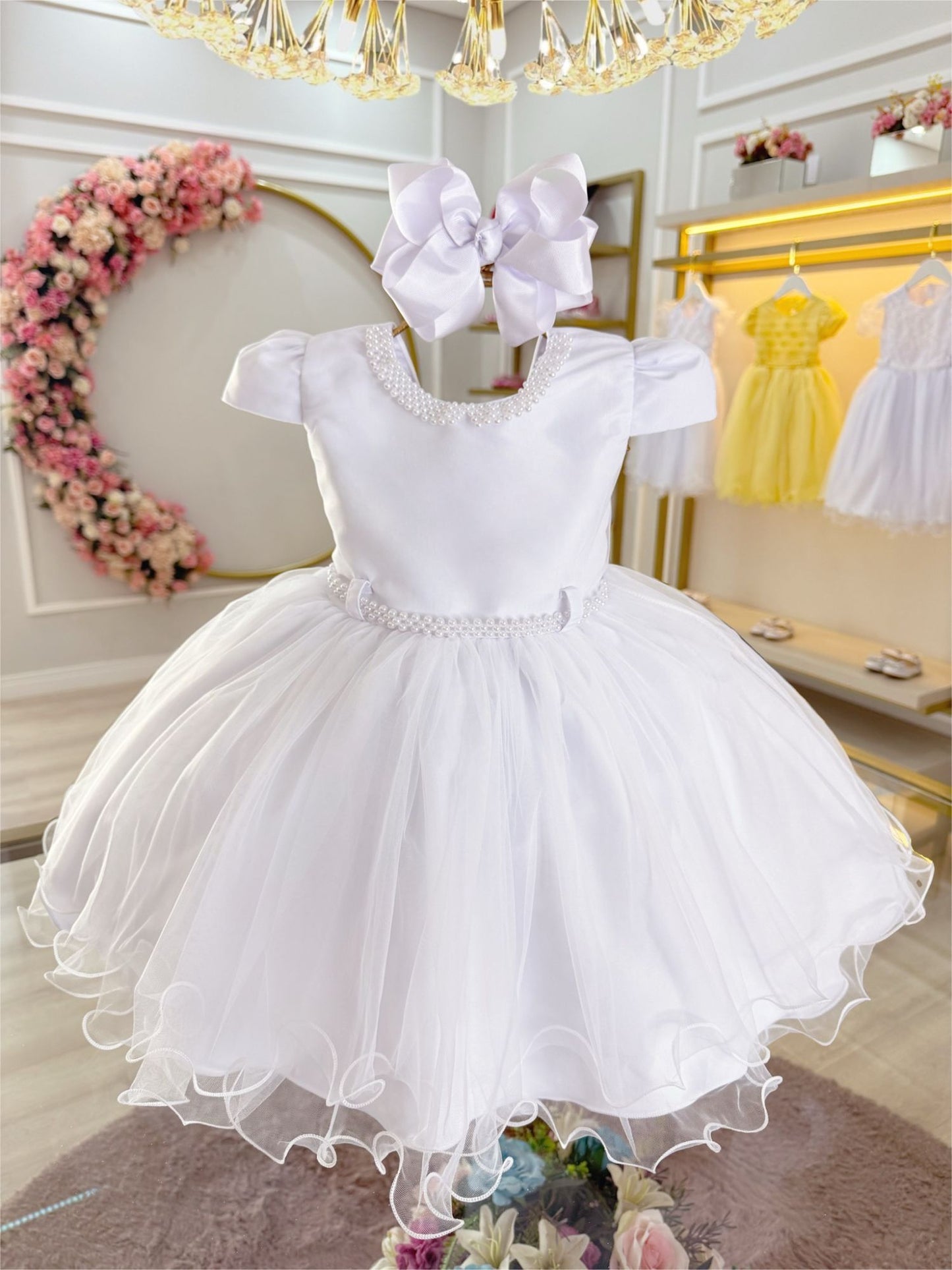 Vestido Infantil Branco Luxo C/ Pérolas Daminhas Festas