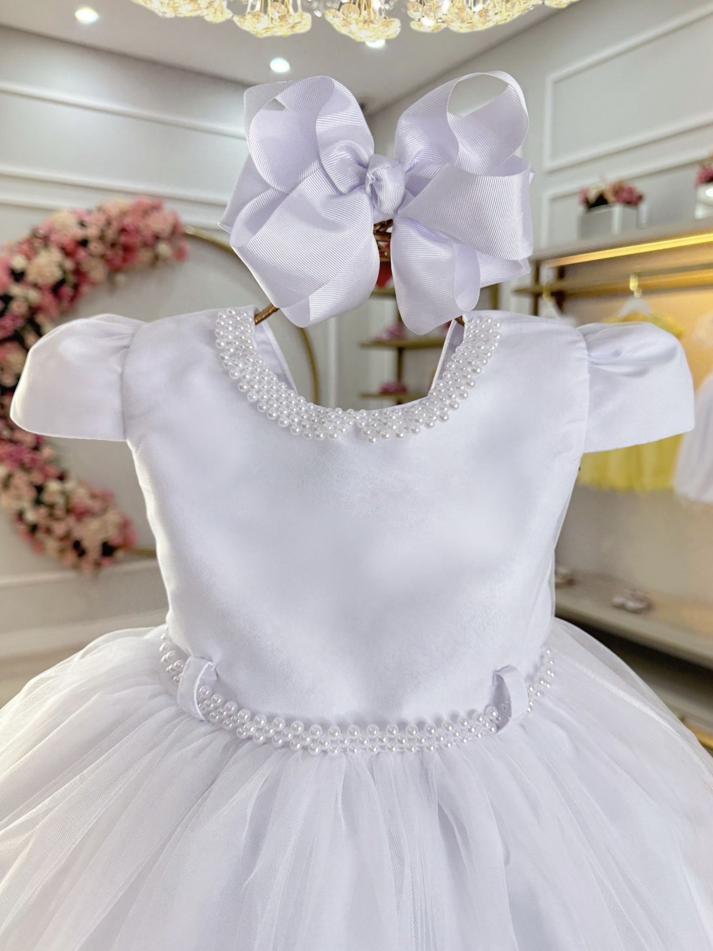 Vestido Infantil Branco Luxo C/ Pérolas Daminhas Festas