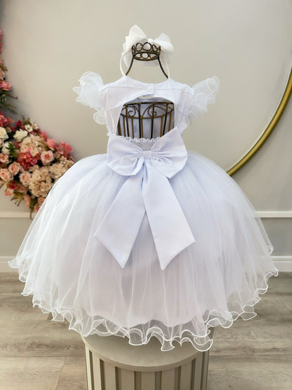 Vestido Infantil Branco Busto Nervura Apliques Daminhas