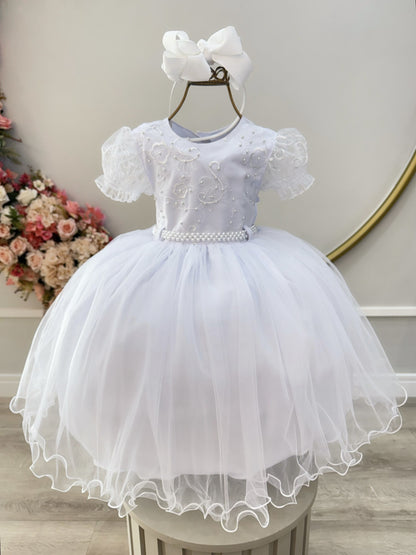 Vestido Infantil Branco Busto Com Renda Bordado Daminhas