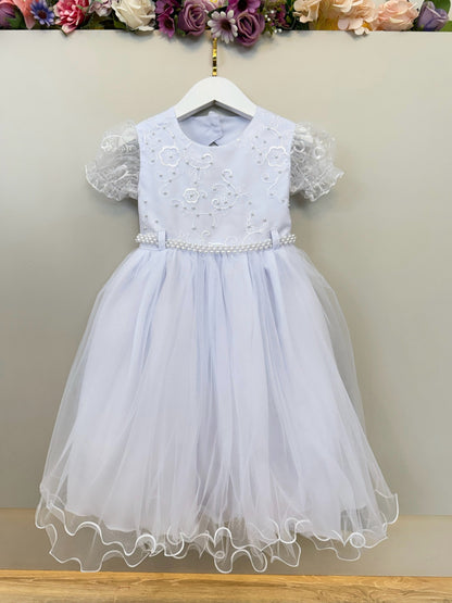 Vestido Infantil Branco Busto Com Renda Bordado Daminhas