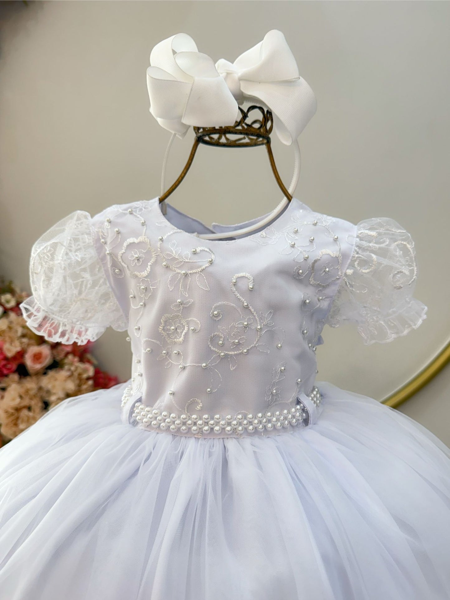 Vestido Infantil Branco Busto Com Renda Bordado Daminhas