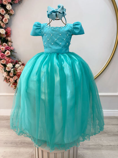 Vestido Infantil Longo Verde Com Pérolas e Strass Daminhas