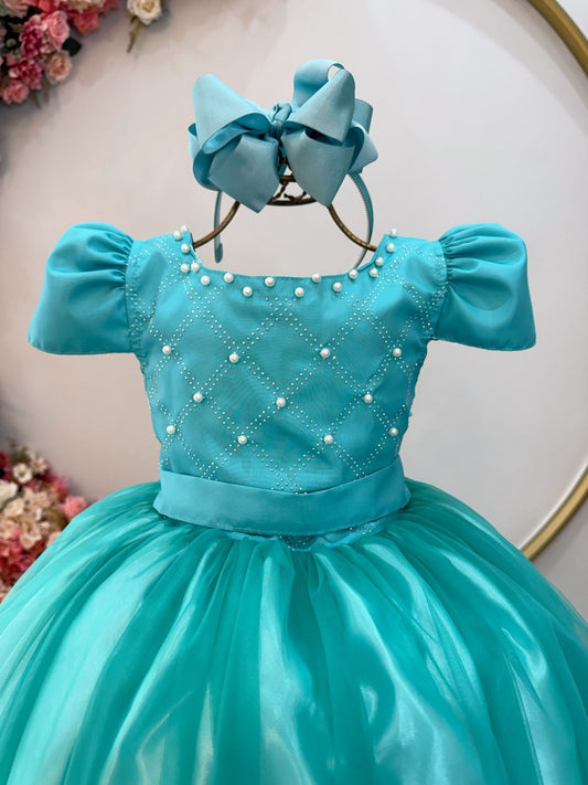 Vestido Infantil Longo Verde Com Pérolas e Strass Daminhas