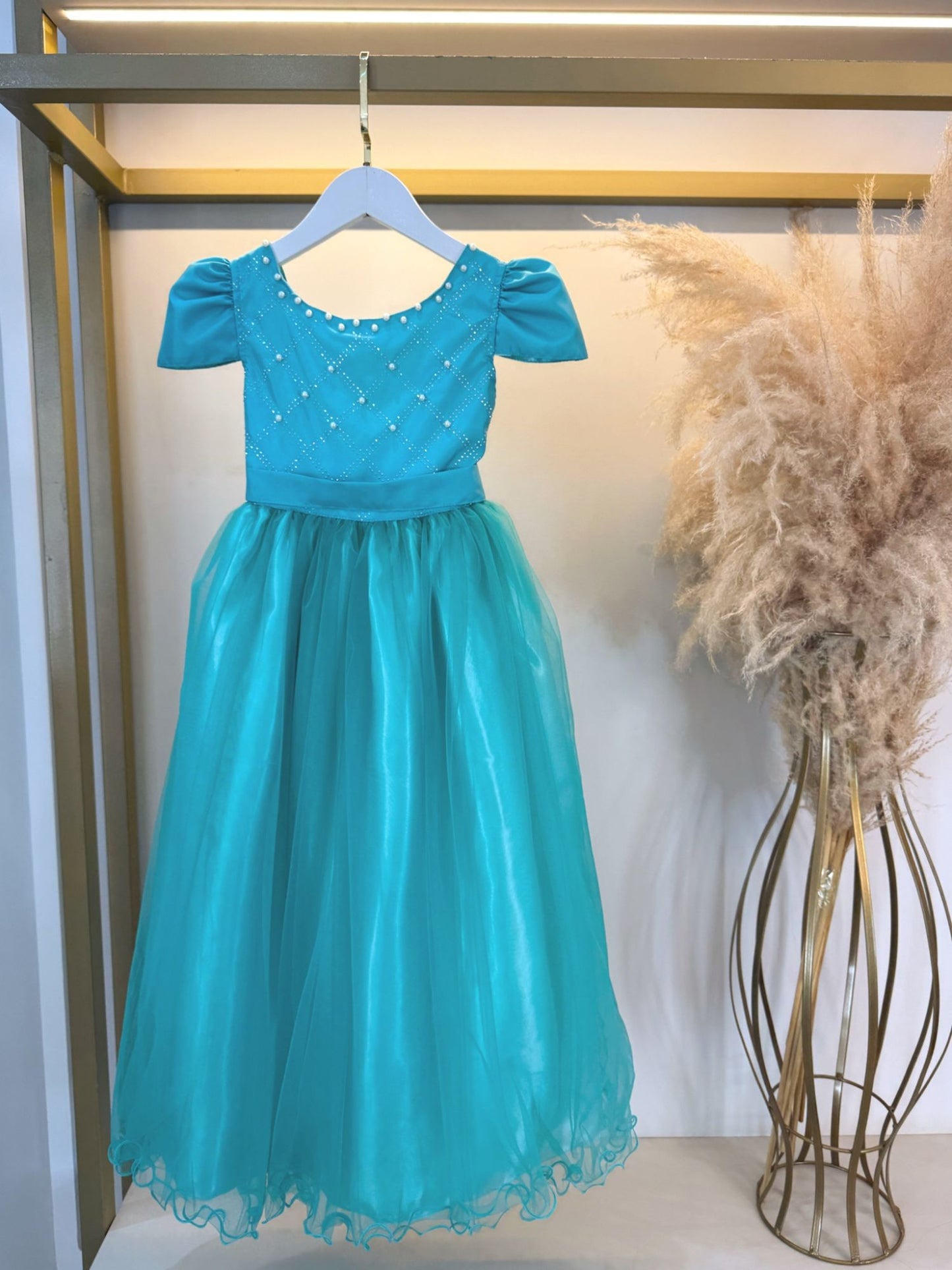 Vestido Infantil Longo Verde Com Pérolas e Strass Daminhas
