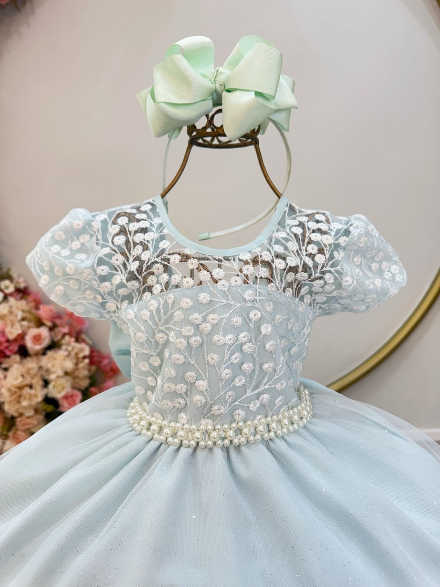 Vestido Infantil Verde Claro Tule Bordado com Glitter Daminhas
