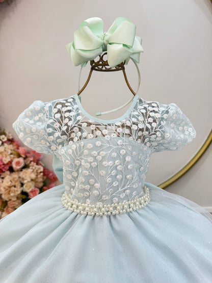 Vestido Infantil Verde Claro Tule Bordado com Glitter Daminhas