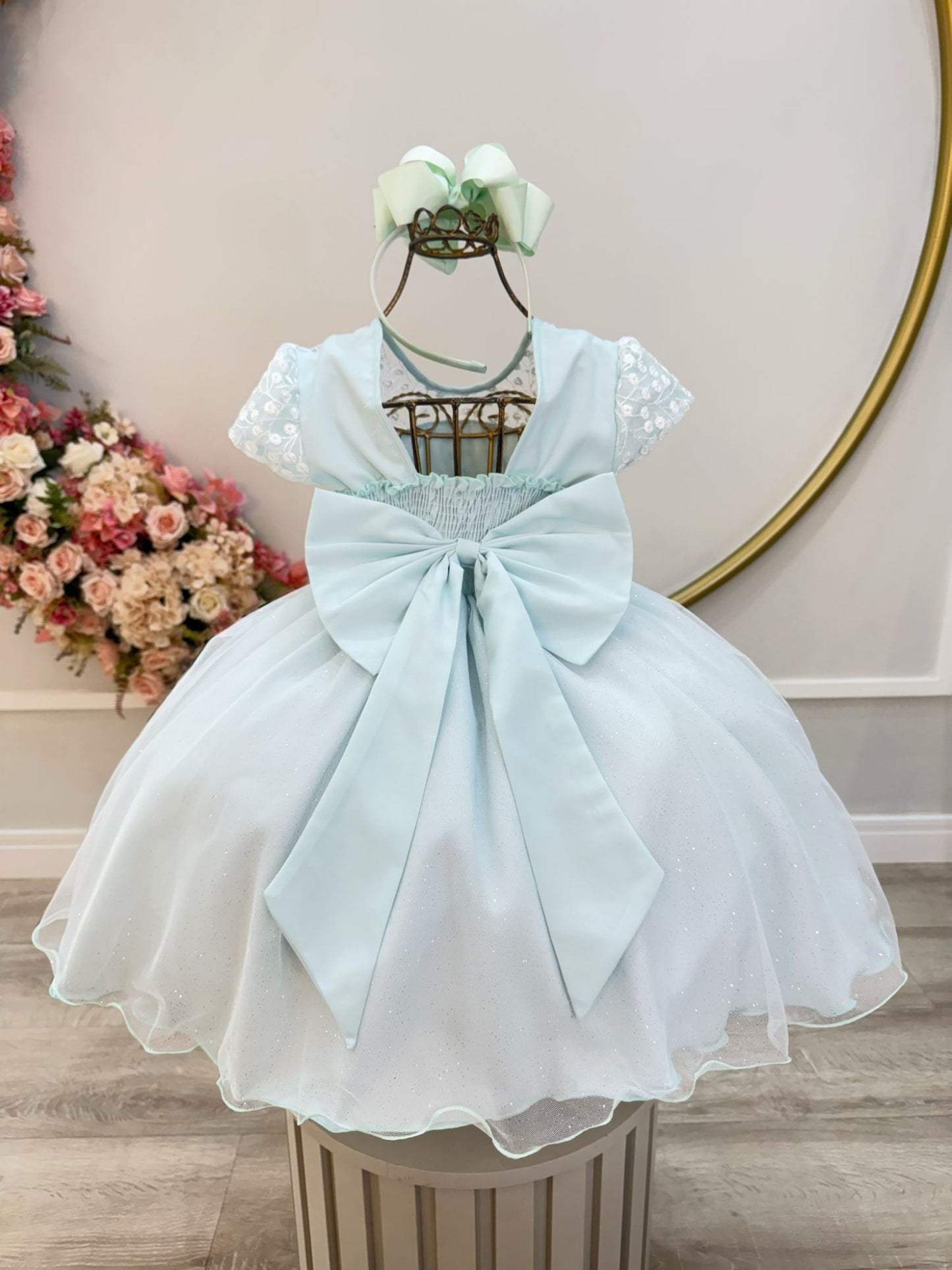 Vestido Infantil Verde Claro Tule Bordado com Glitter Daminhas
