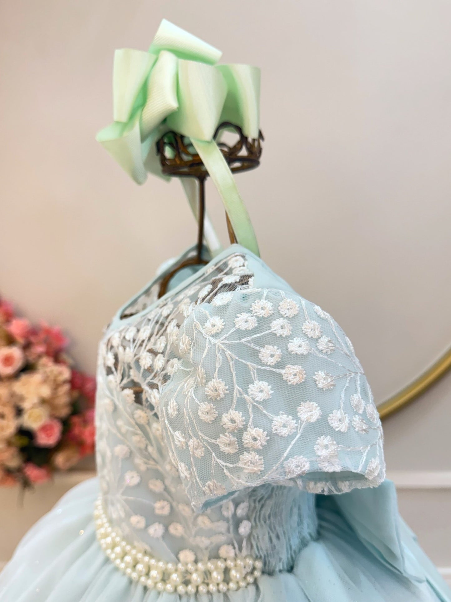 Vestido Infantil Verde Claro Tule Bordado com Glitter Daminhas