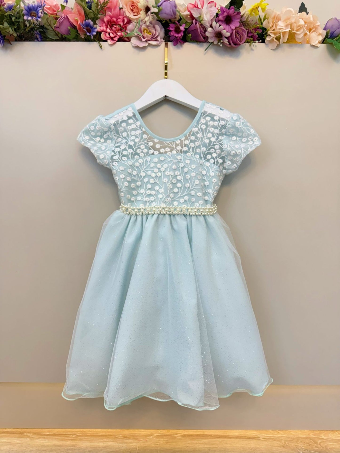 Vestido Infantil Verde Claro Tule Bordado com Glitter Daminhas