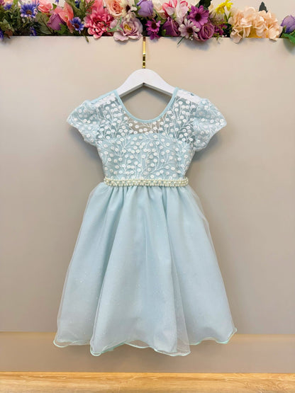Vestido Infantil Verde Claro Tule Bordado com Glitter Daminhas