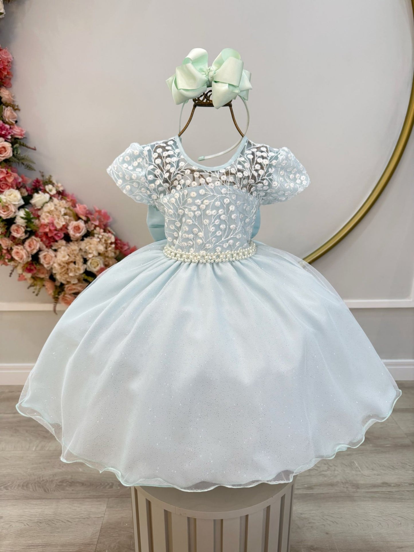 Vestido Infantil Verde Claro Tule Bordado com Glitter Daminhas