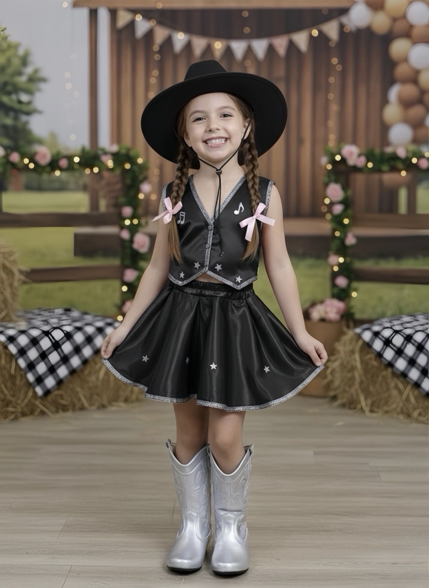 Conjunto Infantil Boiadeira Colete Saia Country Preto