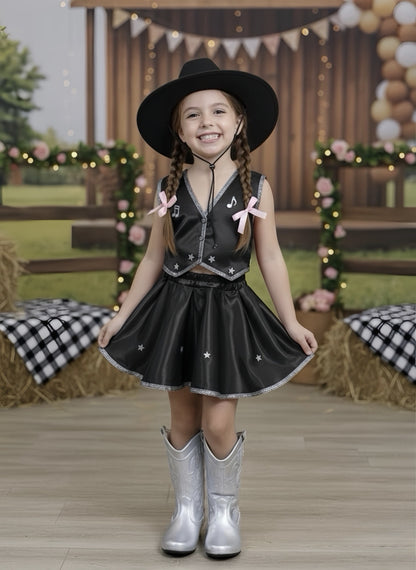 Conjunto Infantil Boiadeira Colete Saia Country Preto