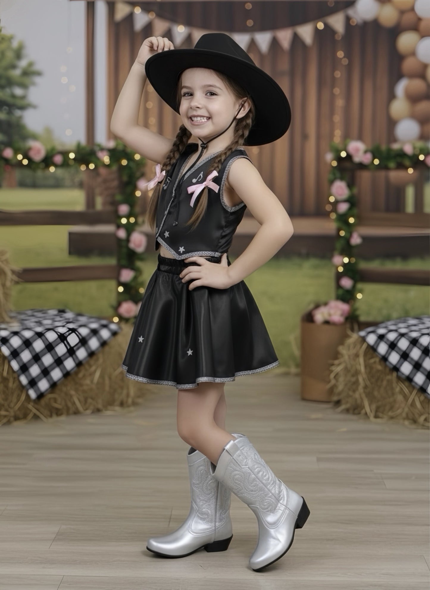 Conjunto Infantil Boiadeira Colete Saia Country Preto