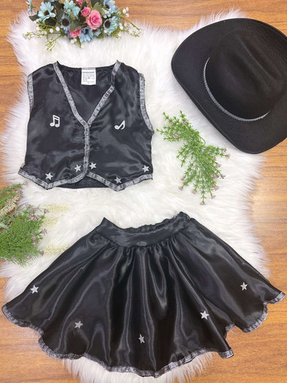 Conjunto Infantil Boiadeira Colete Saia Country Preto