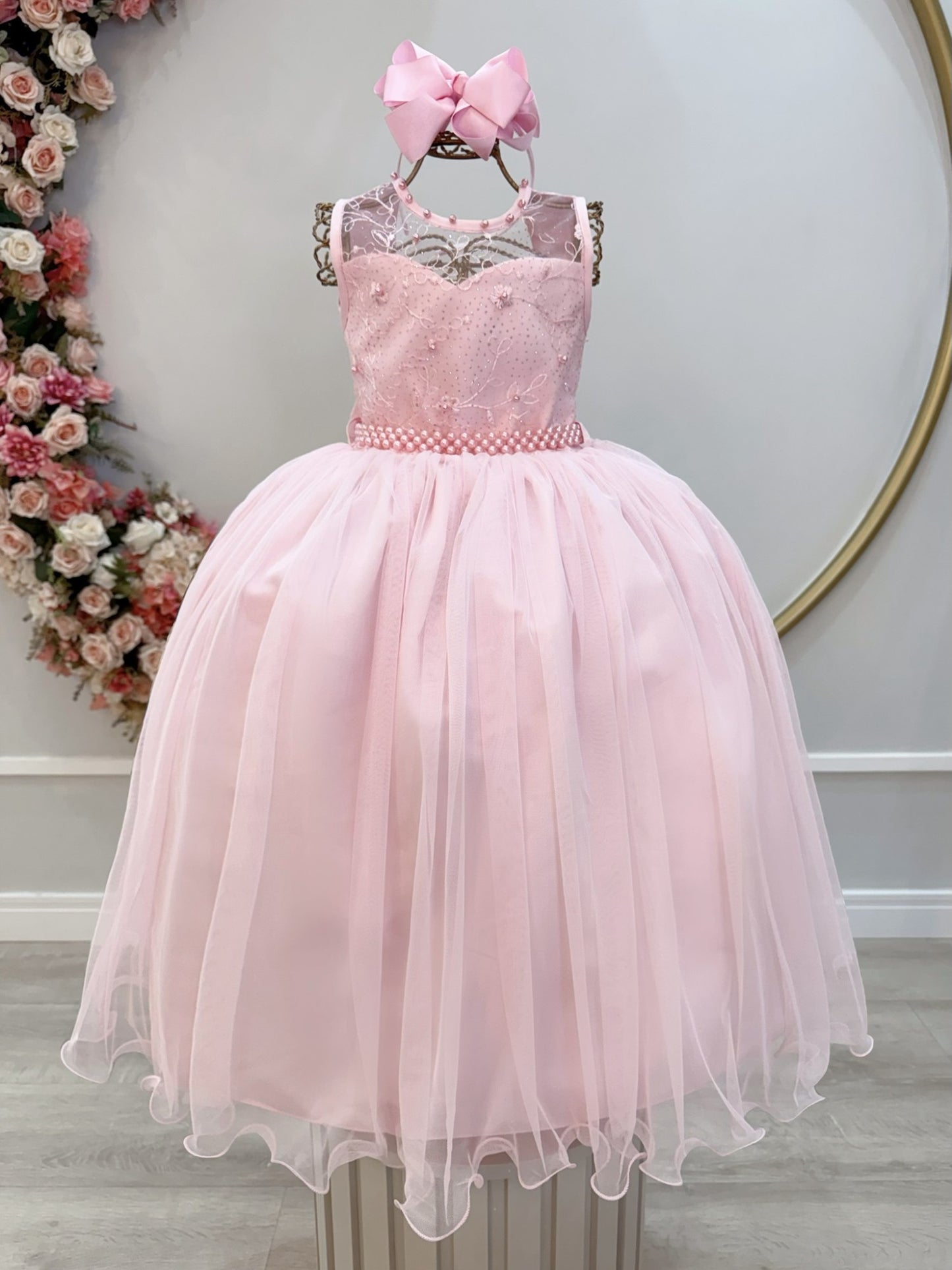 Vestido Infantil Longo Rosa Claro C/ Renda Casamentos Festas