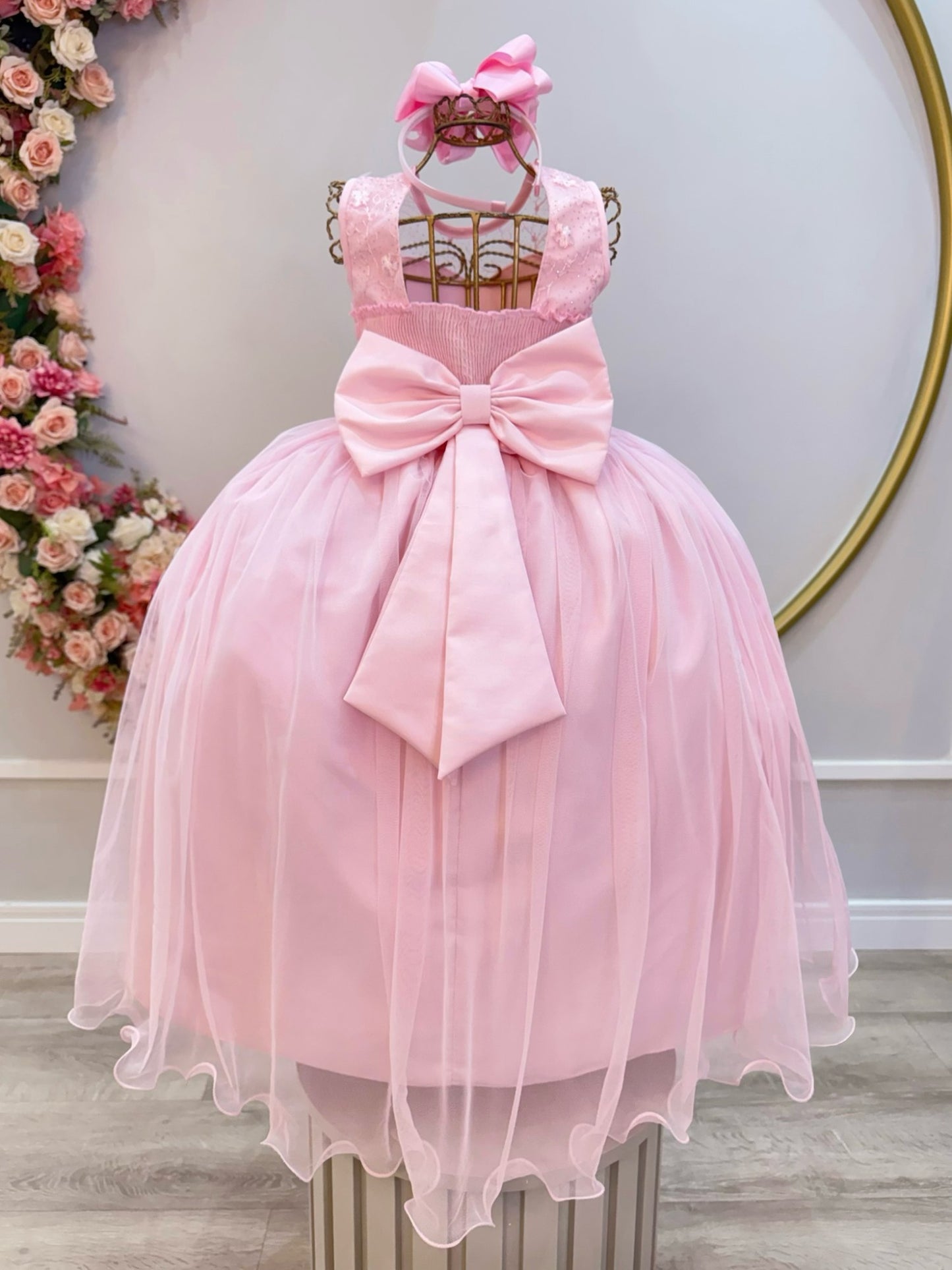 Vestido Infantil Longo Rosa Claro C/ Renda Casamentos Festas