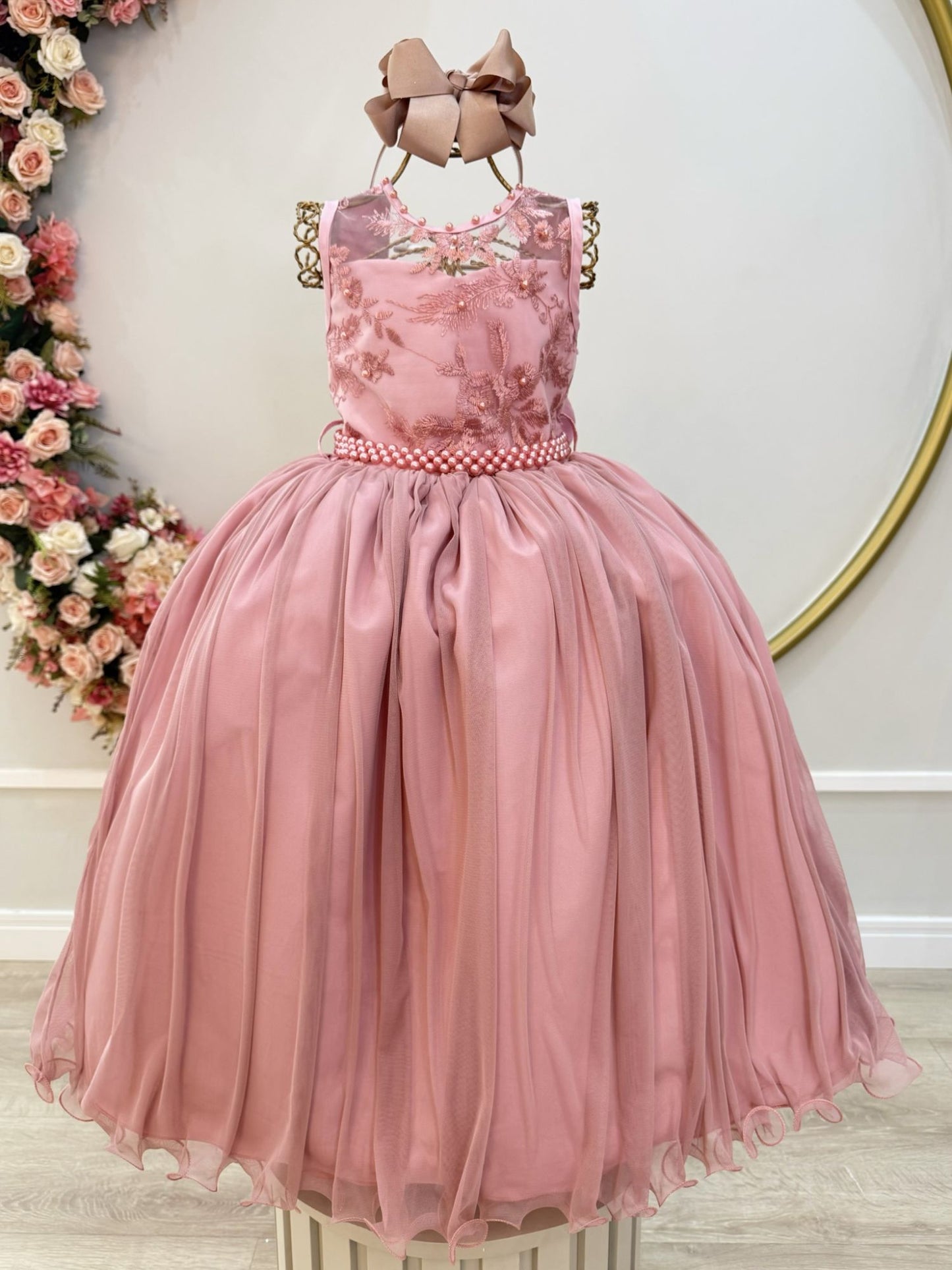 Vestido Infantil Longo Rose C/ Renda Damas Formatura