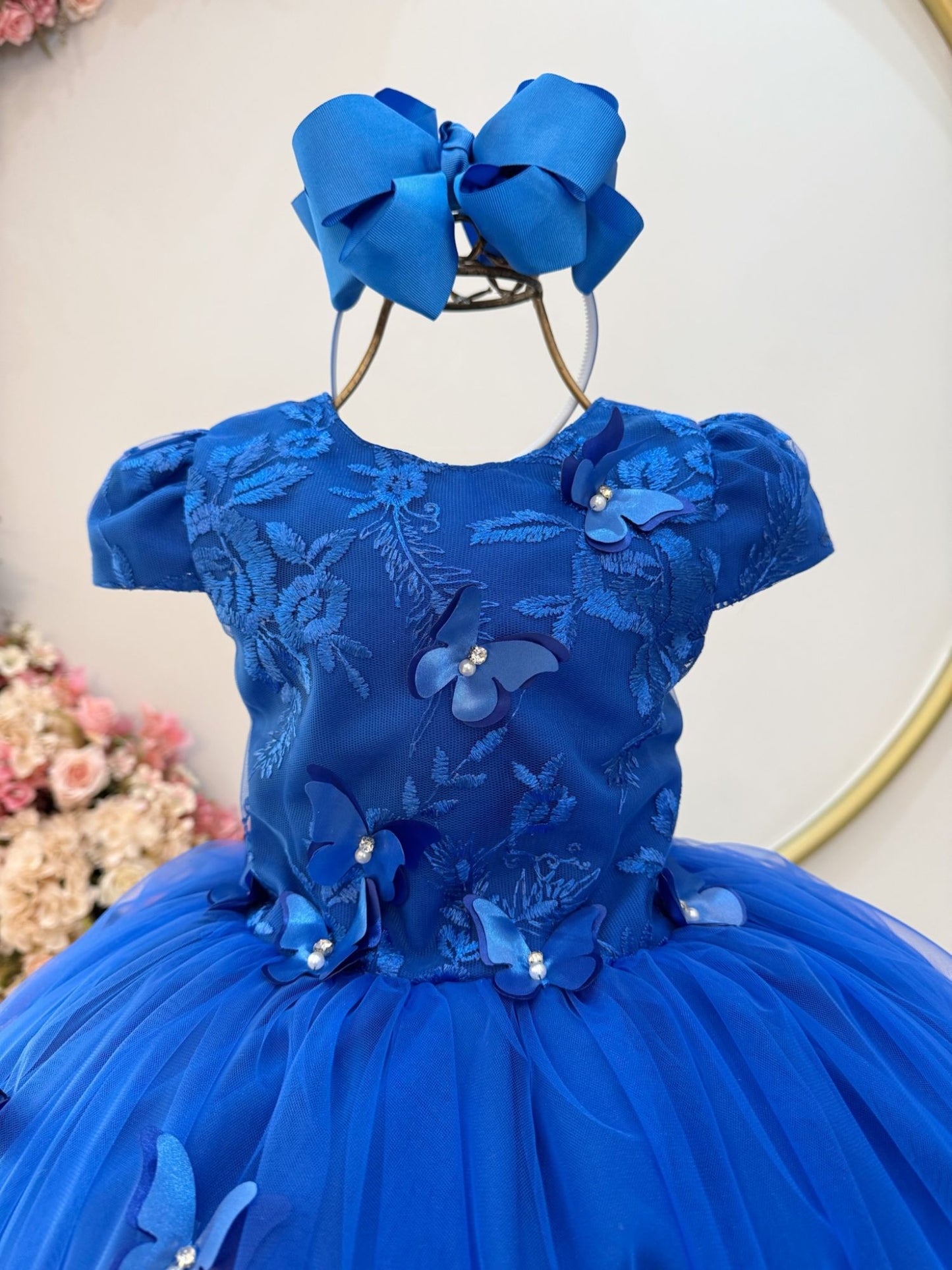 Vestido Infantil Azul Royal Renda C/ Borboletas Daminhas Luxo